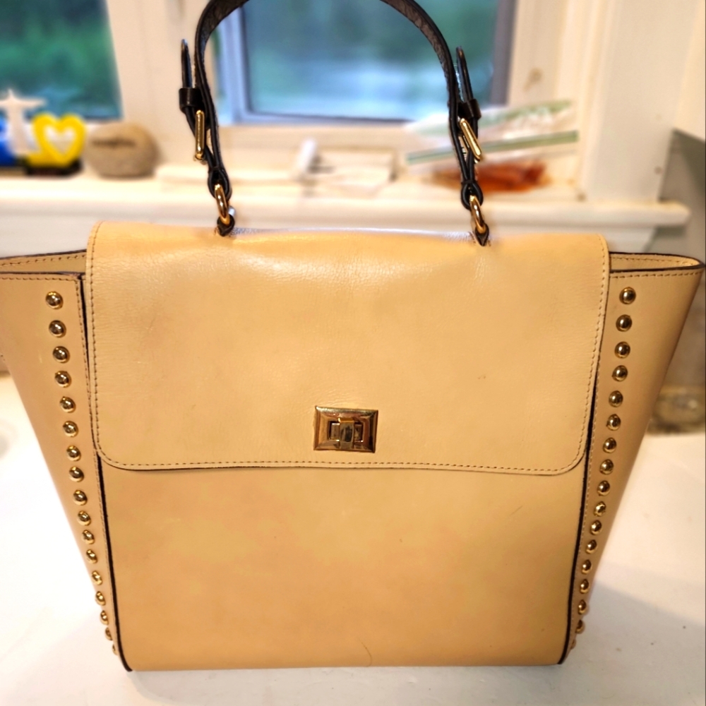 Zara Tan Shoulder Bag with Gold Studs and Minimalist Design